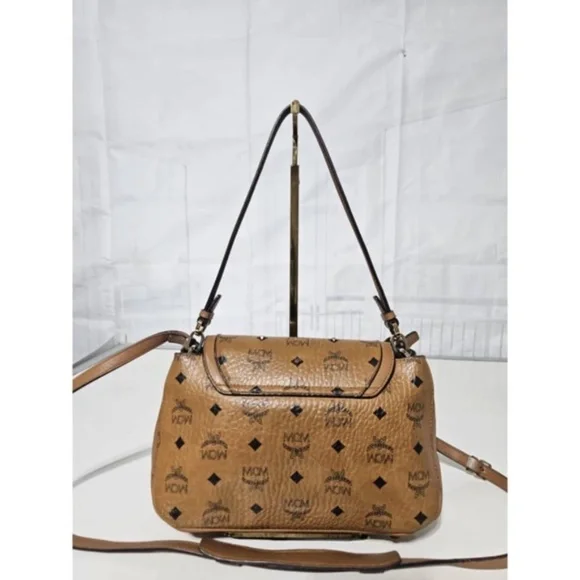 Authentic MCM Visetos Studded Crossbody Flap Messenger Cognac